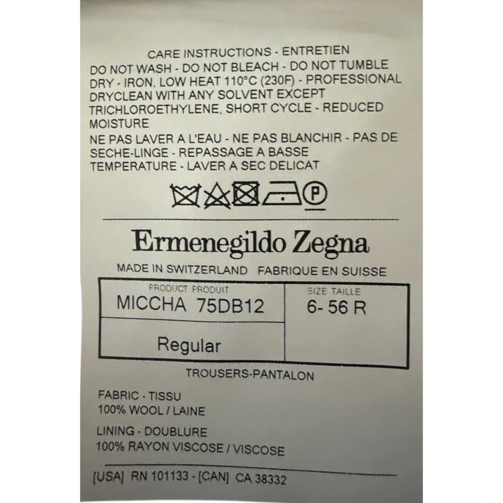 Ermenegildo Zegna Mens Dress Pants 100% Wool‎ Flat Front Gray 56R IT/38X30 US